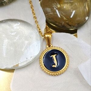 Dainty Initial Letter Charm, J, 18K GP Noir Textured Circle Pendant Necklace